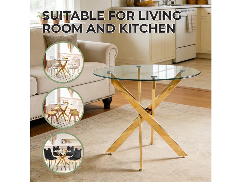 Table à manger ronde 80x80x75 cm en verre trempé et métal doré - Conforama D