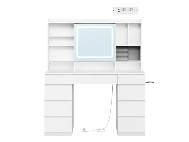  Coiffeuse avec 9 tiroirs, miroir coulissant led et prises pour chambre en bois d'ingénierie 110×40×140 cm blanche  - Conforama A