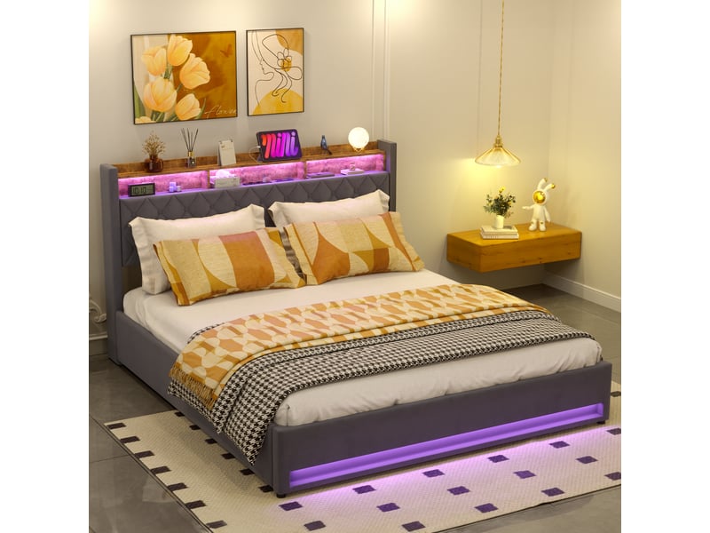 Lit coffre 180x200cm lit 2 place avec led prise, usb, rangement, tête de lit, velours hollandais, gris, sans matelas  - Conforama E