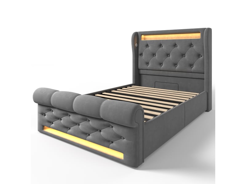  Lit simple 90x200 cm gris velours, coffre hydraulique, tête de lit avec led et usb-c  - Conforama E