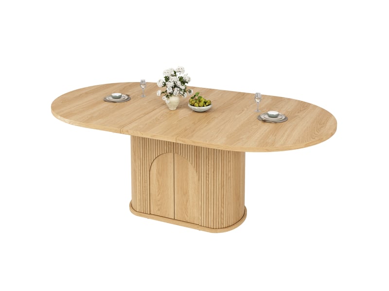  Table à manger ovale extensible 118–158 x 118 x 76,8 cm pour 2–6 personnes, rangement, portes push-to-open, étagères réglables, finition naturelle  - Conforama A