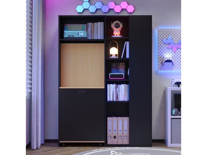 Bureau bibliothèque 2 en 1, bureau pliable avec étagères et prise usb, mdf noir et chêne, 104.5x30.5x160cm, gain de place. - Conforama D