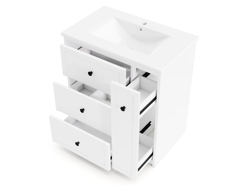  Meuble vasque salle de bain blanc 76 cm avec lavabo céramique intégré, tiroir latéral silencieux et rangement  - Conforama E