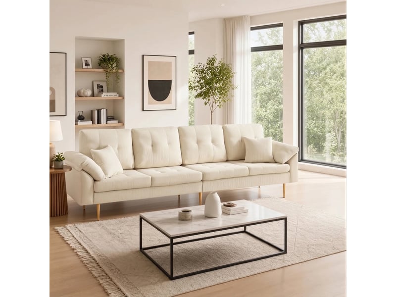  Canapé 4 places velours côtelé avec pouf indépendant modulable 250 cm beige clair  - Conforama D