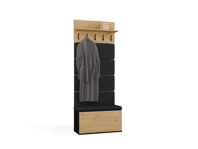  Lior - Meuble d'entrée portemanteau avec meuble à chaussures - 80x202,5x35 cm – Noir / Chêne artisan  - Conforama A