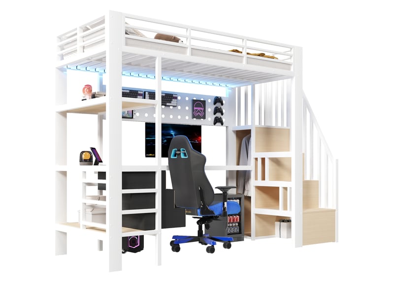  Modenvie lit mezzanine 90x200 cm - avec bureau, rangement intégré, led et prise, sans matelas - blanc  - Conforama A
