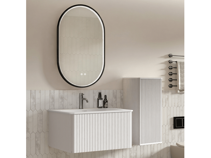  Meuble de salle de bains suspendu 81 cm blanc avec vasque, colonne et miroir led antibuée réglable  - Conforama B