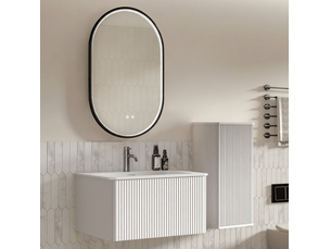 Meuble de salle de bains suspendu 81 cm blanc avec vasque, colonne et miroir led antibuée réglable