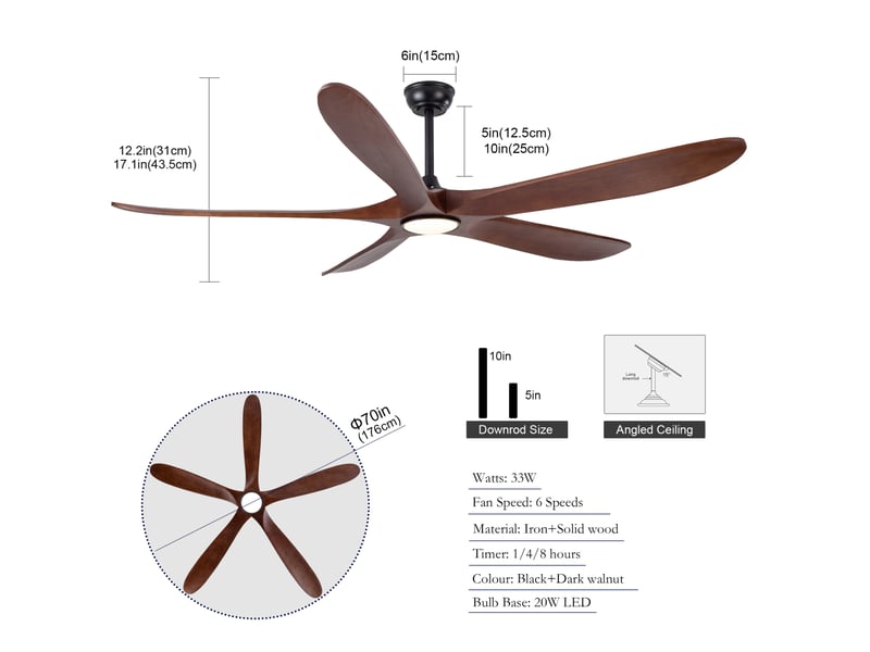  Ventilateur de plafond 60 pouces avec lumière, ultra-plat, 5 pales en bois foncé, 3cct dimmable, 6 vitesses  - Conforama C