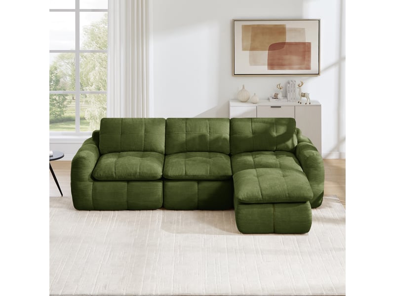 Canapé 3 places - 264 x 160 x 68 cm - canapé modulable en l en chenille avec 1 pouf amovible et coussins - vert - Conforama B
