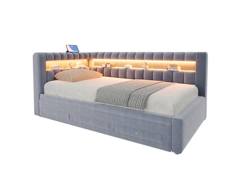 Lit banquette 90x190 cm en velours gris foncé avec lit gigogne et rangement - Conforama A