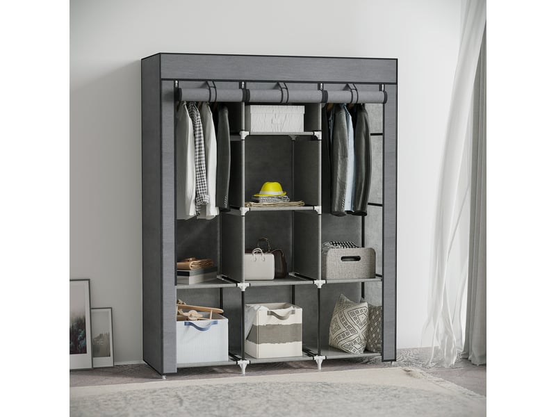  Armoire en tissu avec base surélevée, 8 étagères et 2 tringles, rangement gain de place en tissu non tissé, polypropylène et acier, pour chambre  - Conforama B