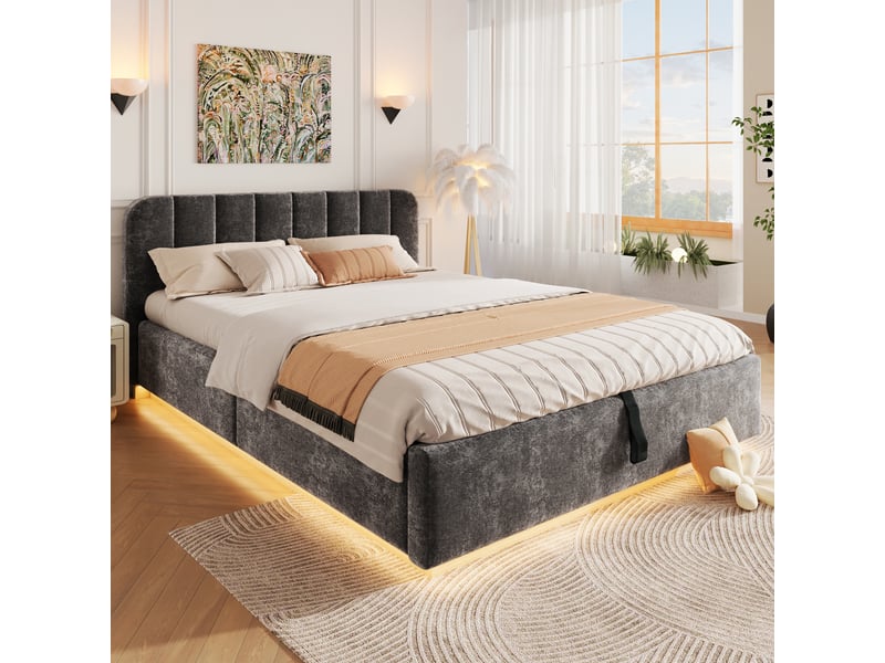  Lit coffre 140x200 cm anthracite, tissu chenille, sommier relevable hydraulique, led contrôlée par appli, sommier à lattes inclus  - Conforama W