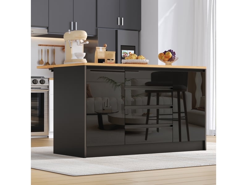  Îlot de cuisine 140 cm avec plan de travail extensible, meuble de rangement central avec 4 tiroirs et 2 placards, noir brillant et aspect bois.  - Conforama W