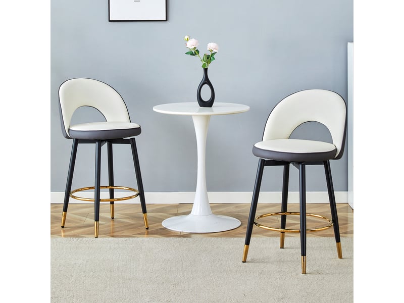  Lot de 2 tabourets de bar 44x47.4x92cm – pivotants à 360° avec dossier ajouré et repose-pieds – similicuir pu - anthracite et blanc  - Conforama E