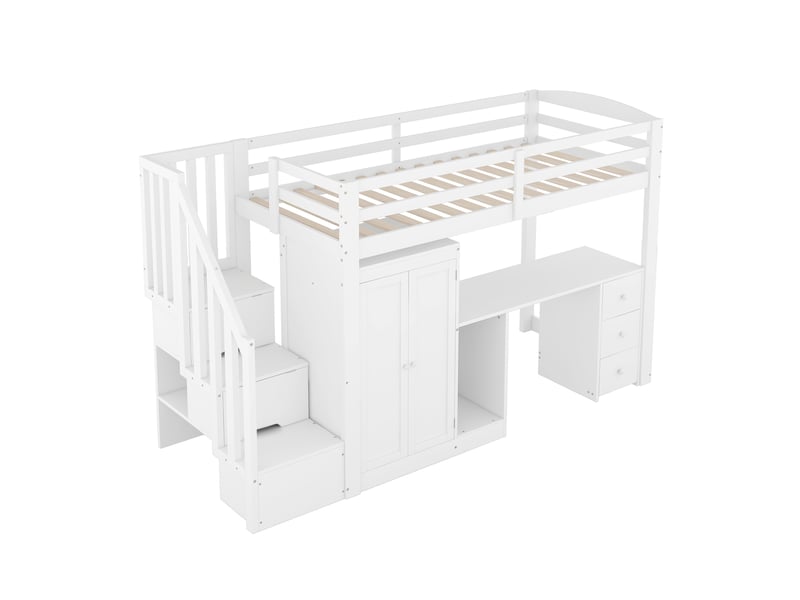  Lit mezzanine avec bureau, armoire, escalier et tiroirs, blanc, 90x200 cm, sommier à lattes  - Conforama E