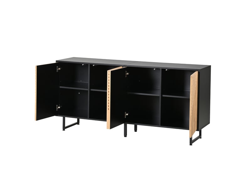 Buffet 4 portes noir et bois naturel 160x40x75 cm, meuble tv salon avec 3 pieds, design moulé sous vide - Conforama D
