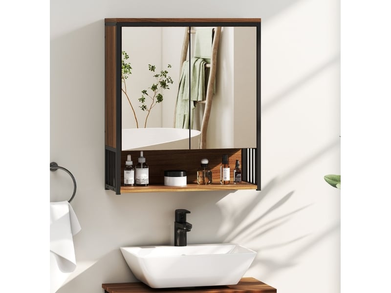  Armoire de salle de bains murale 56x20x65 cm marron, mdf et panneau de particules, avec miroir  - Conforama B