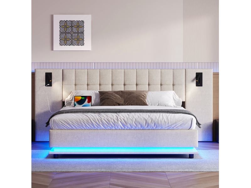  Lit 2 places rembourré 180x200 cm led usb en lin beige  - Conforama E