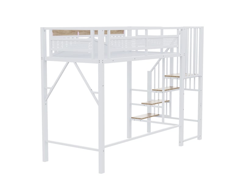  Lit mezzanine, lit simple avec escalier de rangement et garde-corps, 200x90 cm, matelas non précisé, blanc  - Conforama E