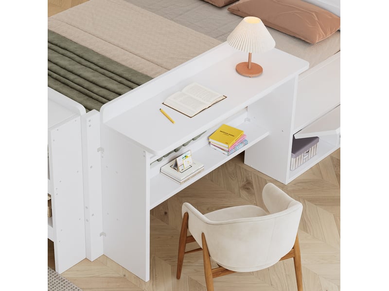  Lit 120x200 cm avec bureau et rangements, module réversible, compartiment à abattant, bois de pin blanc, sans matelas  - Conforama E