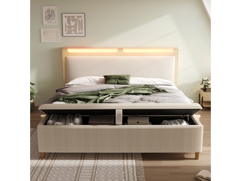  Lit avec rangement 140x200 cm - lit double avec led intégré et banc de rangement, panneaux mdf et corduroy, sans matelas - beige et chêne clair  - Conforama E
