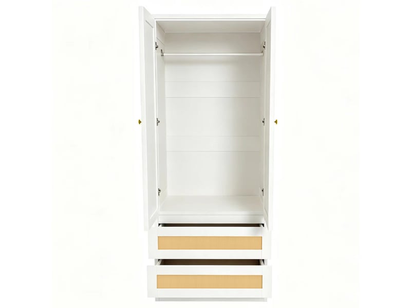 Armoire blanche 70x55x170 cm à 2 portes effet rotin, tiroirs et rangements - Conforama D