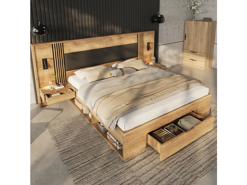 Lit double 180×200 cm avec rangement, lampe de lecture, 2 chevets, tiroirs, matelas inclus en mdf naturel - Conforama E