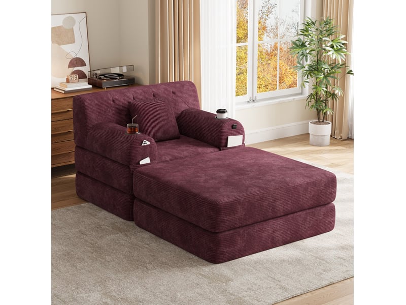  Fauteuil convertible modenvie 1 place avec repose-pieds velours côtelé rouge vin 107 x 162 x 81 cm  - Conforama D