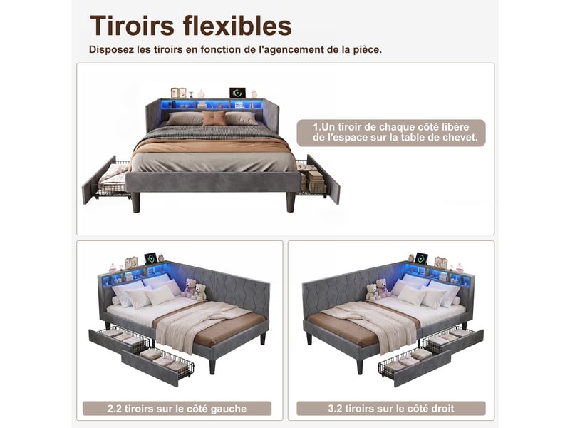 Lit banquette 140x200 cm avec led rgb et usb chargeur, canapé-lit rembourré avec rangement et tête de lit capitonnée lit ado avec tiroirs et cadre de lit à lattes gris velours, sans matelas - Conforama D