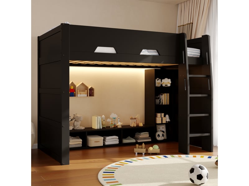  Lit mezzanine 90x200 cm, lit combiné, éclairage led, grand espace de rangement, support à lattes stable, construction robuste et durable, mdf noir OPULERANE TRADING LTD - Conforama B