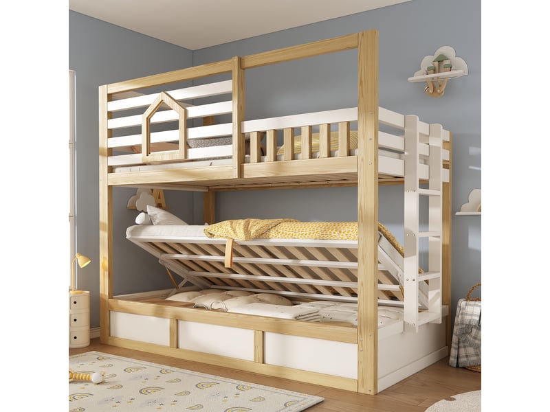  Lit superposé enfant 2 places 90×200 cm avec rangement hydraulique - okmyhome- bois blanc et chêne, sans matelas  - Conforama C