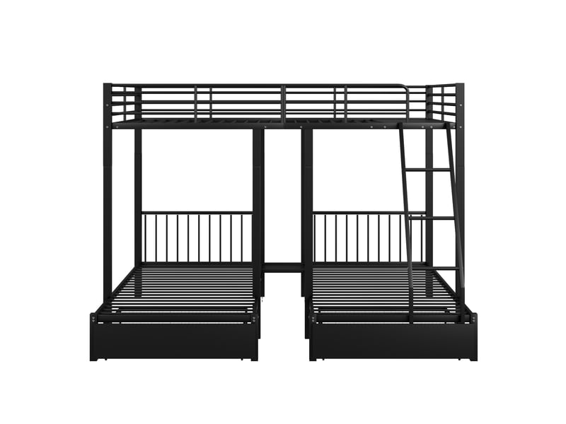 Lit superposé triple convertible, métal noir, 140x200 + 2 couchages 90x200, avec tiroirs - Conforama A