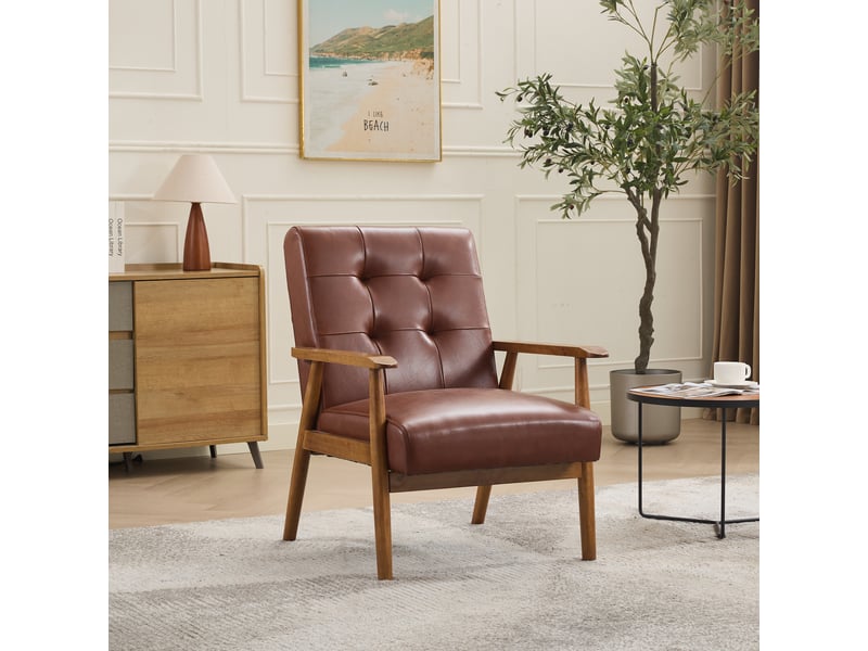  Fauteuil lounge,64x80x83 cm,avec accoudoirs en bois,cuir,brun  - Conforama B