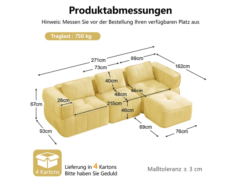  Canapé d'angle modulaire 3 places avec pouf, assise profonde et mousse 32d, sans cadre en polyester jaune  - Conforama C