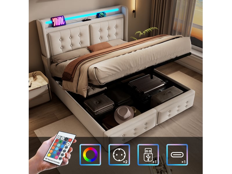  Lit coffre 180x200 cm beige avec led, prises usb et usb-c, sommier à lattes  - Conforama D
