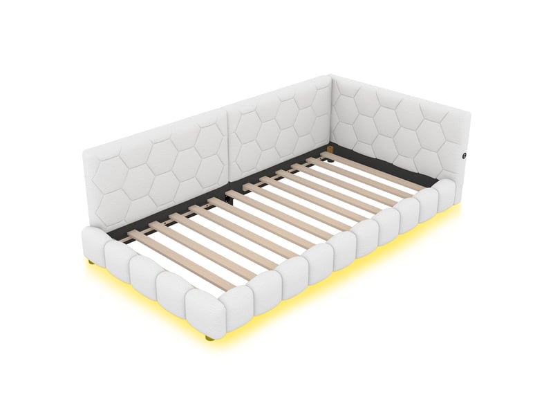  Lit d'enfant 90 × 200 cm, avec éclairage d'ambiance disponible en 16 couleurs, port usb-c, tissu imitant la fourrure, blanc  - Conforama R
