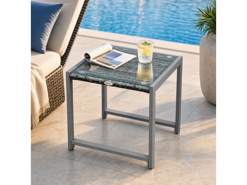 Table d'appoint de jardin carrée grise en résine tressée et verre trempé, compacte pour balcon et terrasse - Conforama B