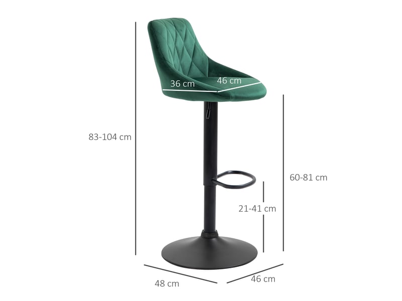  Lot de 2 tabourets hauts avec dossier et repose-pieds, réglables, en velours, piètement en métal, 46 x 48 x 83-104 cm, vert  - Conforama E