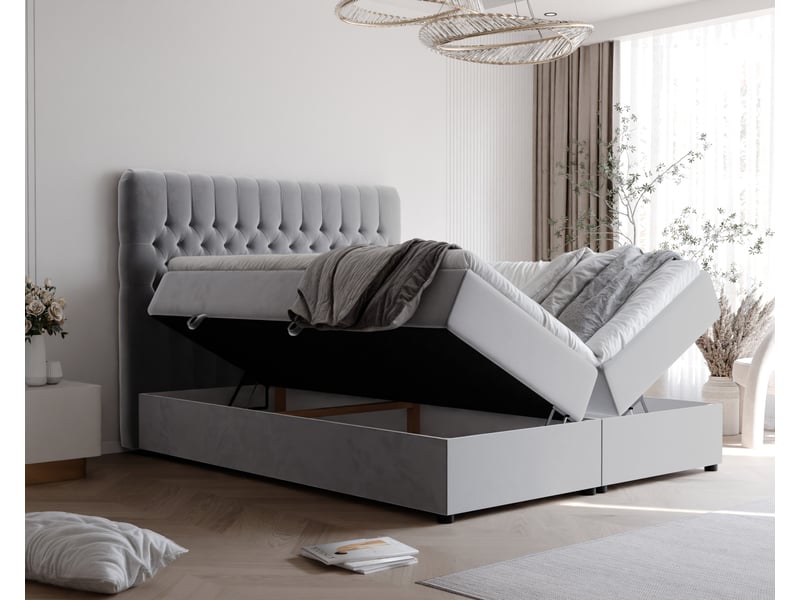 Lit adulte alba - 160x200 cm - matelas ressorts + surmatelas - coffre de rangement - velours dense hydrofuge gris clair ALBA - Conforama C
