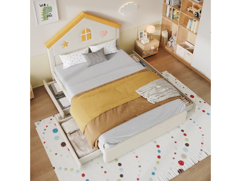 Lit enfant capitonné,140x200 cm,4 tiroirs avec tête de lit maison,velours,beige - Conforama B