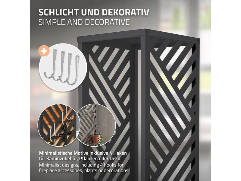  Ml-design range-bûches vertical en acier galvanisé 37,5 x 37,5 x 112 cm, intérieur et extérieur, motif de rayures, support colonne rangement bois de chauffage cheminée, 4 crochets, anthracite mat ECD Germany GmbH - Conforama E