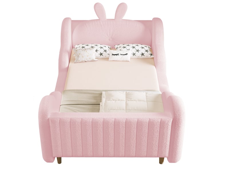  Lit enfant simple 90x200 cm avec coussins lapin, côtés forme nuage, lit plateforme sans matelas, tissu teddy, rose  - Conforama A