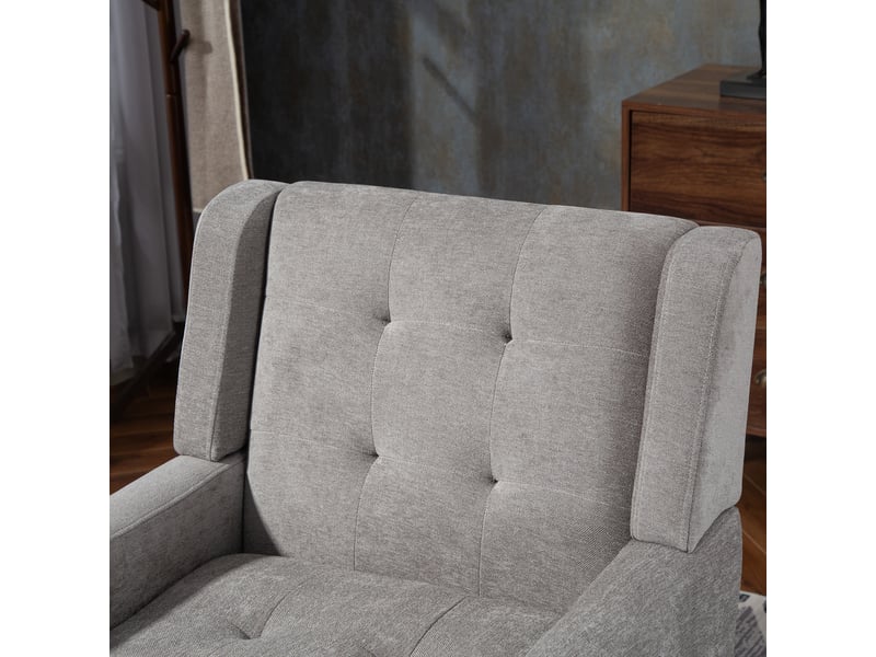  Fauteuil gris clair en daim capitonné, style milieu du siècle, mousse haute densité, pieds bois massif, salonchambrebureau  - Conforama E