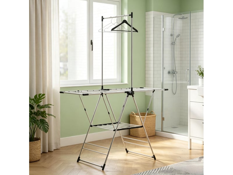  Étendoir à linge pliable en acier inoxydable, ailes réglables sur 5 niveaux, argenté  - Conforama C
