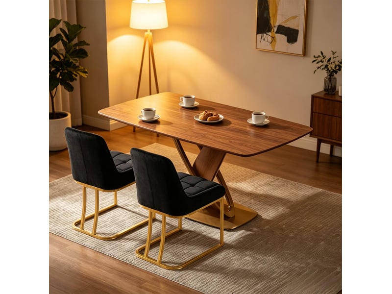  Chaise de salle à manger lot de 2 avec dossier ergonomique, patins réglables, en velours et métal noir et doré  - Conforama D