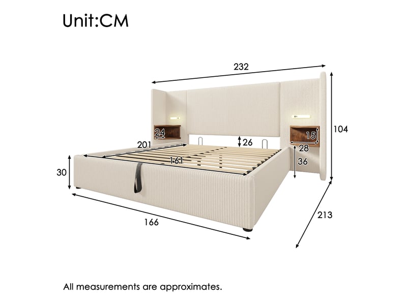  Lit coffre double 160x200 cm avec sommier, tête de lit étagère, liseuse led et ports usb, velours côtelé, beige et blanc  - Conforama C