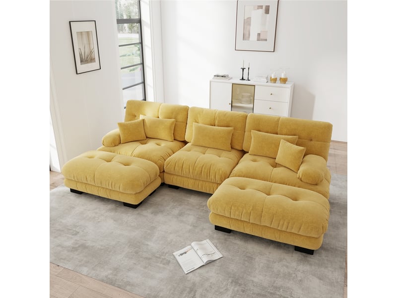 Canapé d'angle modulable convertible avec assise profonde et ottoman, en chenille jaune - Conforama B