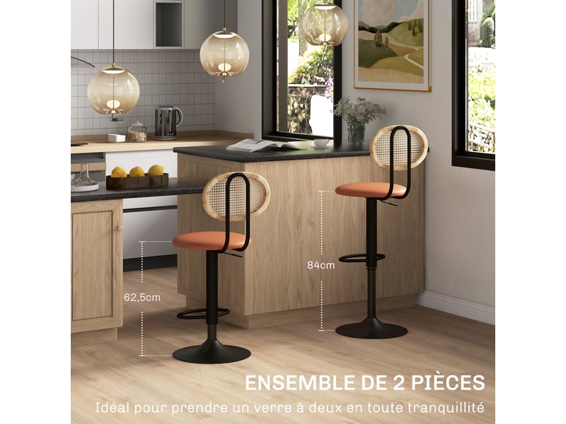  Lot de 2 tabourets de bar – dossier en rotin – réglables  - Conforama D