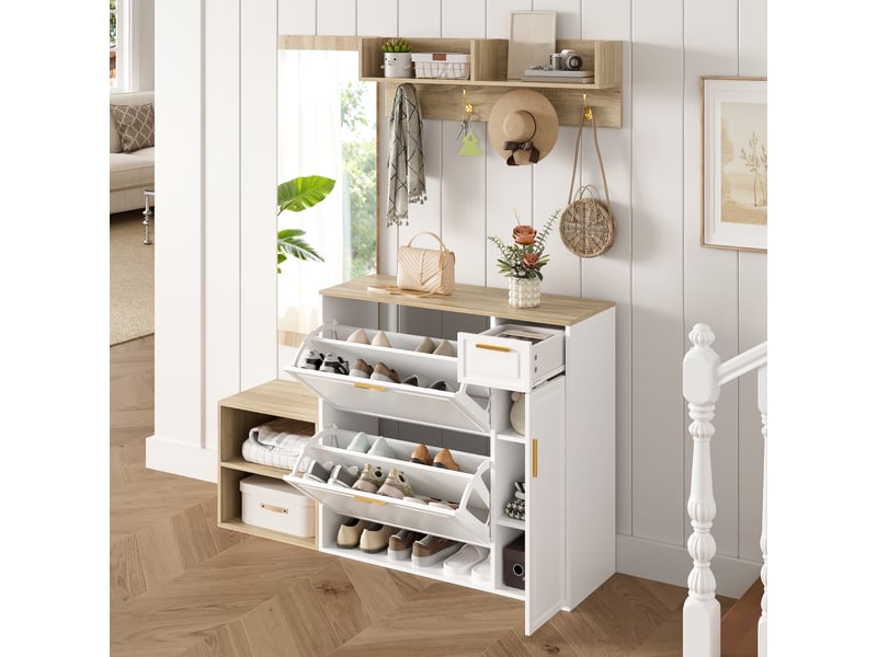  Rayofi – ensemble rangement entrée 4 pièces, meuble à chaussures, banc, porte-manteau mural, miroir – l 139,5 x p 35 x h 166 cm, blanc et naturel  - Conforama R